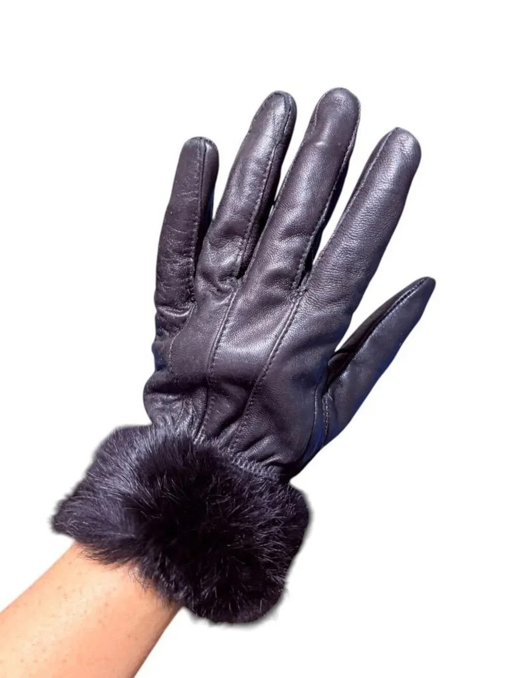 Leather Fur Trimmed Gloves Black Women M EUC Classic Winter Glam EUC